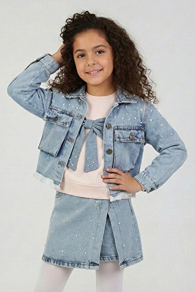 DMB BOYS & GIRLS DMB Kız Çocuk İncili Kot Ceket Mavi M9955