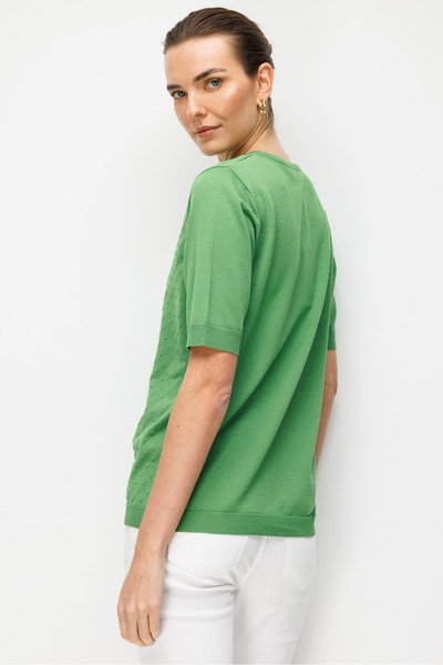 Desen Triko Bluză de damă cu decolteu în formă de O cu model tricot subțire Alge marine