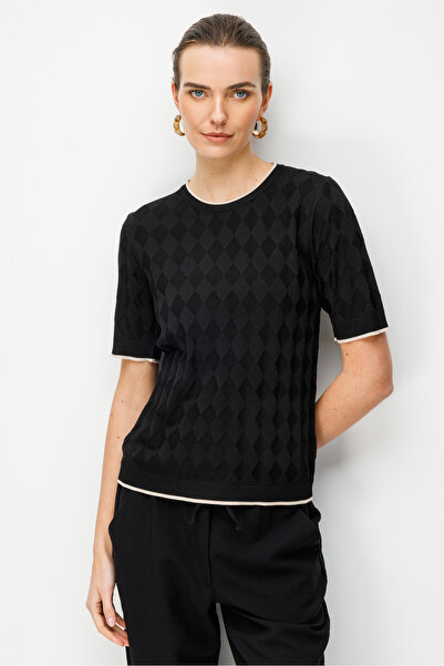 Desen Triko Bluză de damă cu decolteu în formă de O cu model în romburi trico...