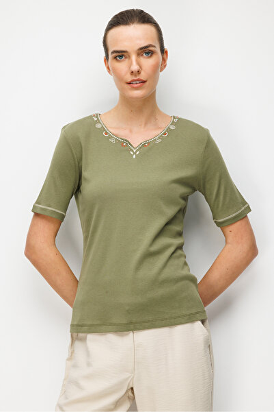 Desen Triko Women's Crew Neck and Sleeve Embroidered P Cotton U Combed Cotton...