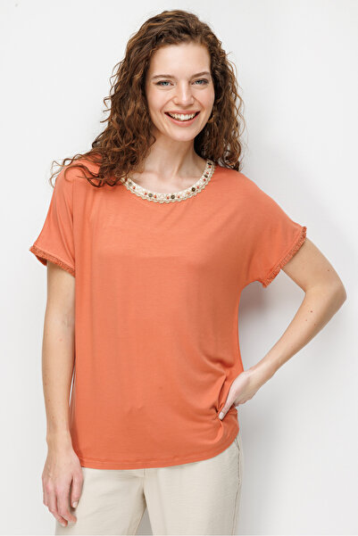 Desen Triko Women's Crew Neck Combed Cotton T-Shirt with Straw Accessories Tile