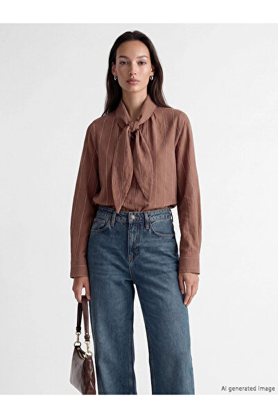 LC Waikiki Lcwaikiki Classic Brown Scarf Collar Striped Women's Shirt Tunic