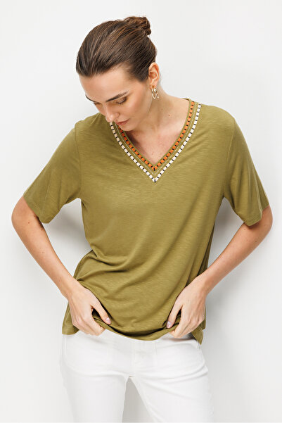 Desen Triko Women's V-Neck Collar Two-Color Embroidered Stone Combed Cotton T...