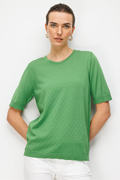 Desen Triko Women's Crew Neck Patterned Fine Knit Blouse Moss