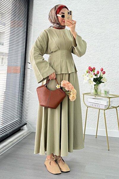 MELEK ARAZ Premium Pens Detaylı Keten Etekli Takım - Küf Yeşili