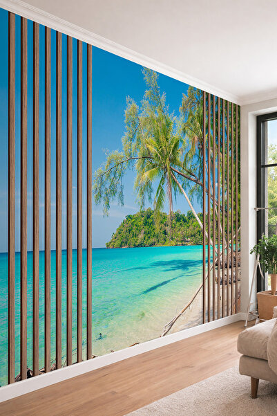 dreamwall Ahşap Çıta ve Palmiyeli Sahil Desenli Tek Parça Tekstil Duvar Kağıdı