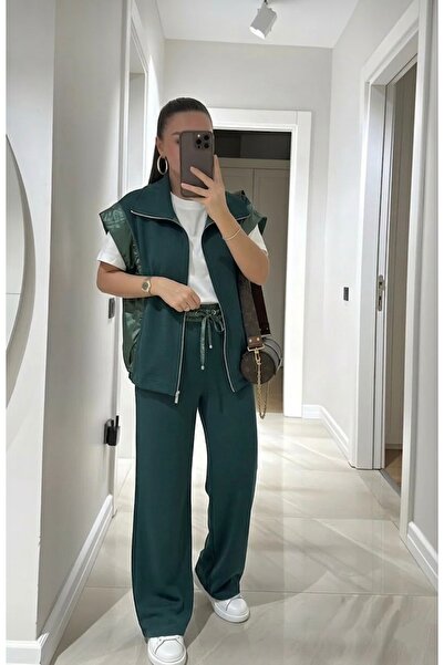 TLG GİYİM Set de pantaloni și vestă pentru femei, cu fermoar elastic în talie...