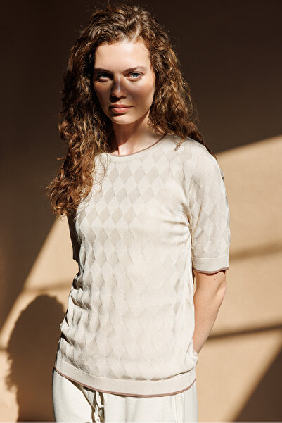 Desen Triko Bluză de damă cu decolteu în formă de O cu model în romburi trico...