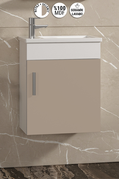 ÖZCEDEN Lale 42x24 cm Beyaz-Selenit MDF Seramik Lavabolu Asma Banyo Alt Dolabı