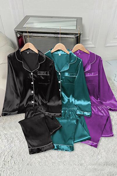 Sweet Dream Light Satin Pajama Set for Women 3 Sets Lounge Sleepwear Long Sle...