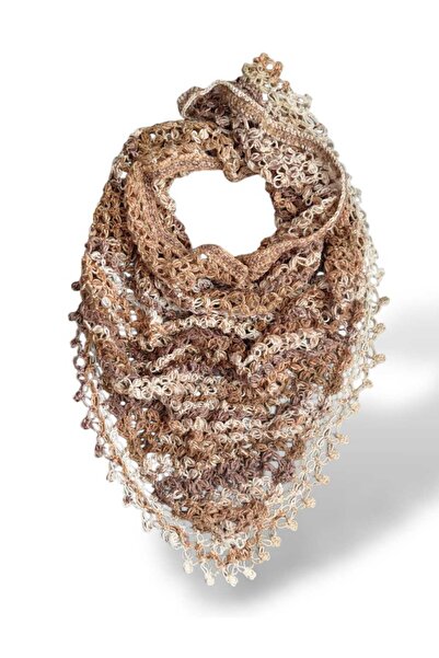 Tokuşka Hand Knitted Triangle Spider Web Patterned Tassel Shoulder Shawl