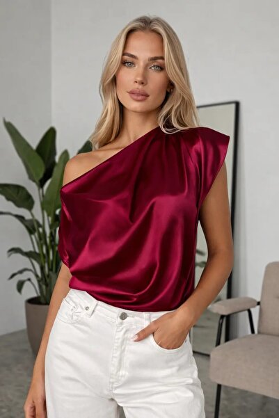 hazelin Women's Burgundy One-Shoulder Asymmetrical Cut Satin Blouse Hzl26W-Fr...