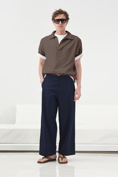 GIESTO Half-Embroidered Brown Voile Shirt