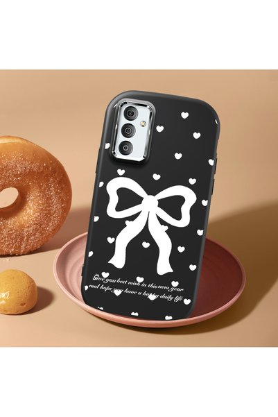Hontinga Samsung Galaxy F23 Compatible Camera Protected Black Soft Silicone Phone Case with Bow Pattern