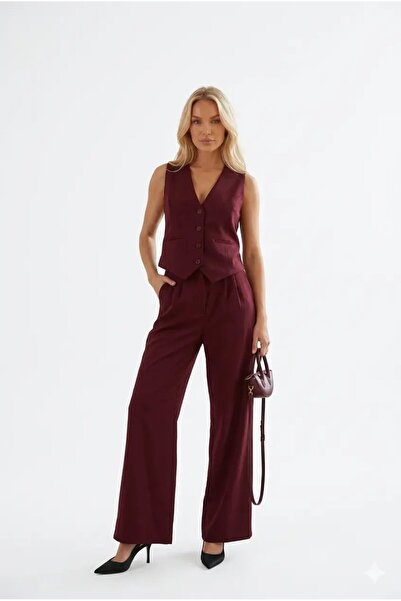 hazelin Women's Burgundy Vest Pant Suit Hzl25S-Bd167091