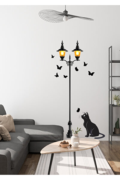 Ettycat Design Sokak Lambası, Kelebek ve Kedi Duvar Sticker | Mat, Sökülebili...