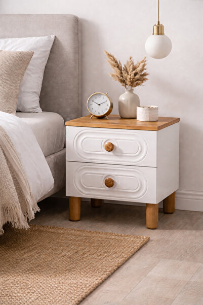 Rivon Modern Komodin 2 Çekmeceli | Beyaz Lake & Doğal Masif Ahşap | Premium Y...