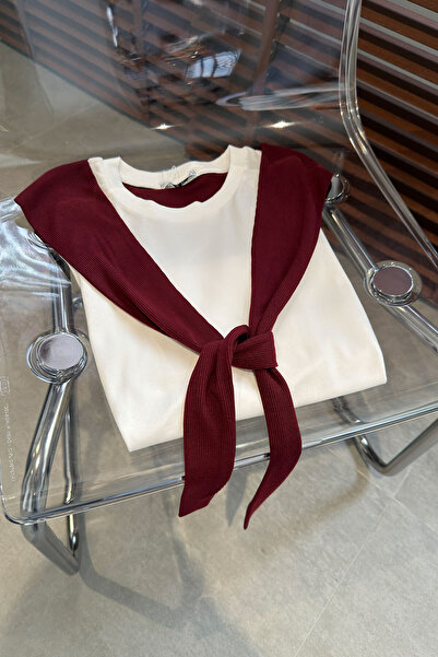 MAGARDE Tricou alb cu detaliu de legare tip șal, culoare burgundy - BORDO