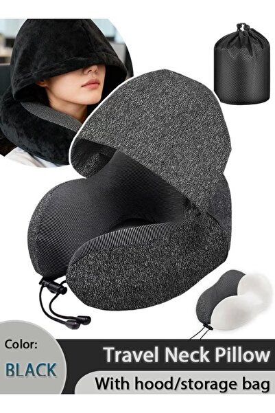 Generic U-Shaped Pillow With Hood Memory Foam Neck Pillow Travel Airplane Nap...