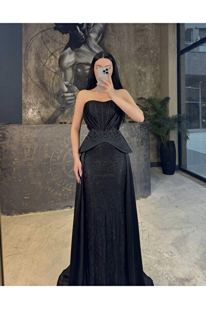 missswans Sharlen Beli BOncuk İşlemeli Dantel Saten Detaylı Uzun Abiye Siyah