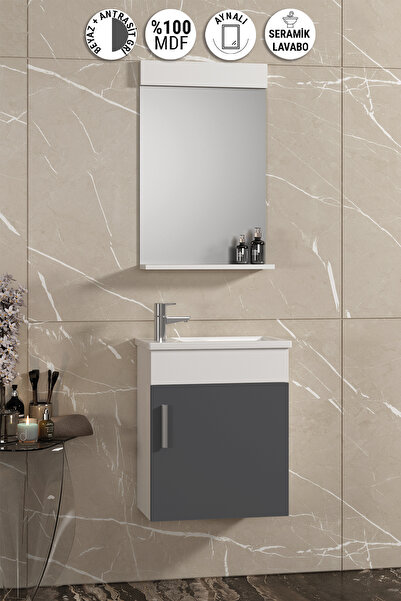 ÖZCEDEN Lale 42x24 cm Beyaz-Antrasit Gri Mat MDF Seramik Lavabolu Asma Banyo ...