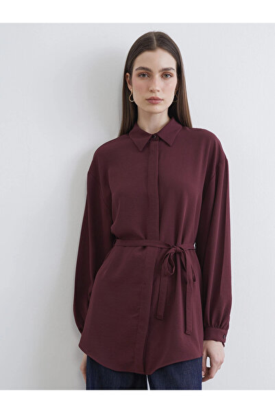 LC Waikiki Lcw Modest Burgundy Belted Waist Oversized Women's Shirt Tunic