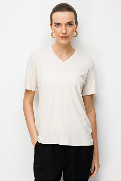 Desen Triko Women's V-Neck Flared Fabric Basic Tshirt Beige