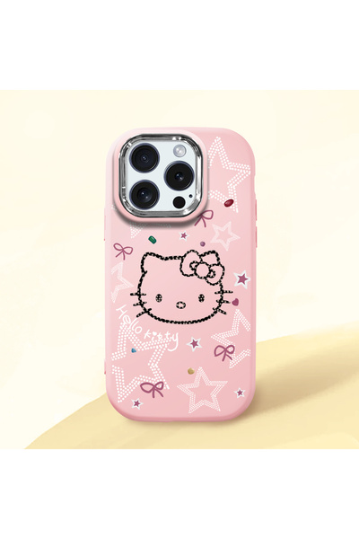 Hontinga iPhone 15 Pro Uyumlu Hello Kitty Desenli Kamera Korumalı Pembe Yumuş...