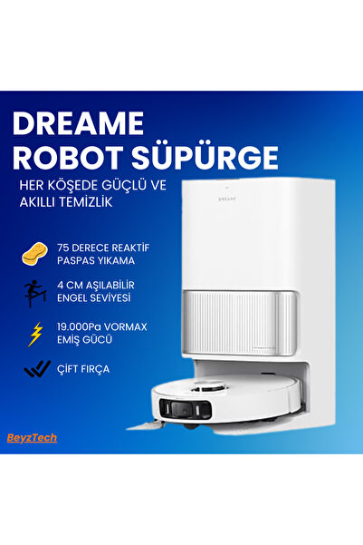 Dreame Robot Süpürge 19000 Pa Güçlü Emiş Akıllı Haritalama 75°C Sıcak Suyla O...