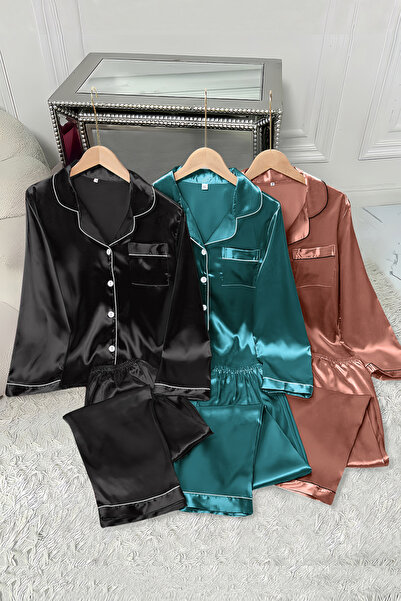 Sweet Dream Light Satin Pajama Set for Women 3 Sets Lounge Sleepwear Long Sle...