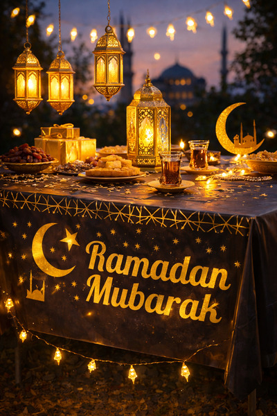 Happyewent Ramadan Mubarak Written Black Gold Plastic Tablecloth – Ramadan Ta...