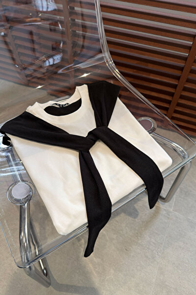 MAGARDE Tricou alb-negru cu detaliu de legare tip șal - NEGRU