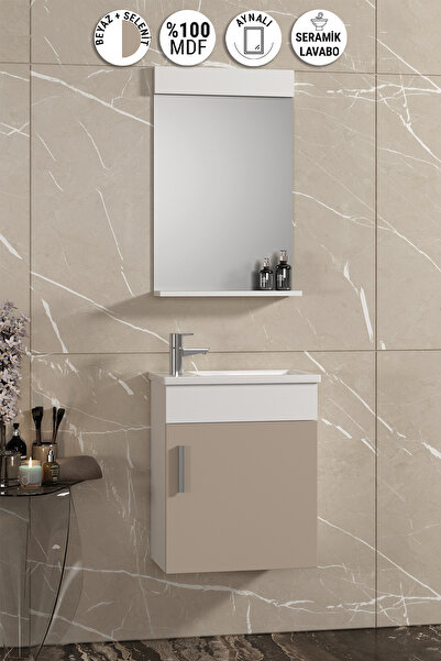 ÖZCEDEN Lale 42x24 cm Beyaz-Selenit MDF Seramik Lavabolu Asma Banyo Dolabı Ta...