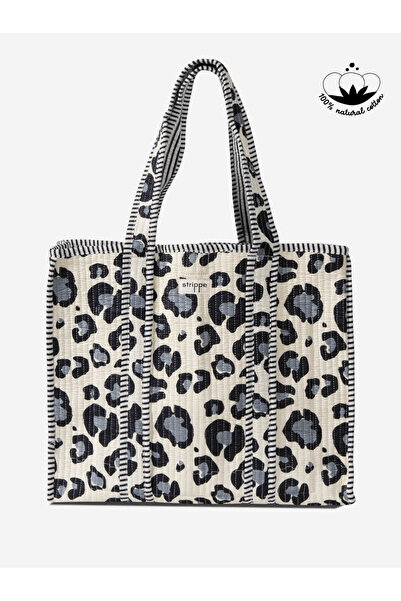 Strippe Leopar Desenli Pamuklu Kumaş Gri Günlük Omuz Çantası - Tote Bag