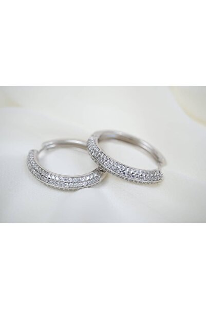 ATELİER TUĞBA Kp264 Zircon Stone Hoop Earrings Silver (Diameter 20 mm)