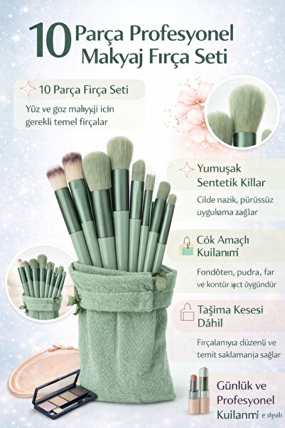 Pastelya Torbalı YEŞİL Makyaj Fırça Seti - 10 lu fırça set