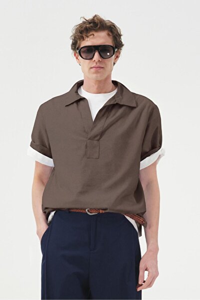 GIESTO Half-Embroidered Brown Voile Shirt
