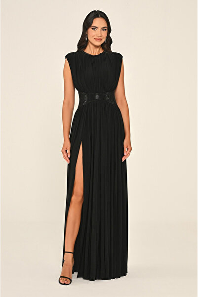 ALFABETA Vatkalı Beli Taşlı Yırtmaçlı Uzun Elbise Alfa Beta