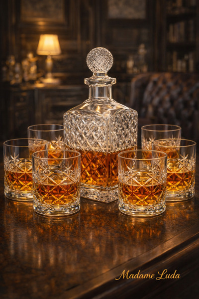 MADAME LUDA Kristal Viski Seti 7 Parça – 1.25 LT Karaf + 6 Viski Bardağı/Kade...