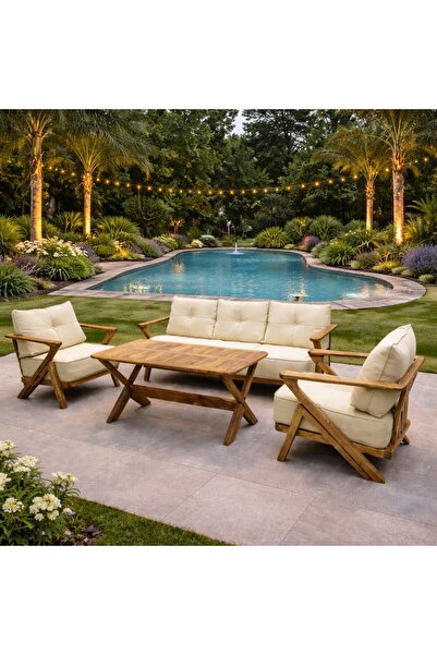 zerkaconcept Asude Masif Kestane Ağacı Bahçe Balkon Koltuk Takımı 3+1+1+Masa ...