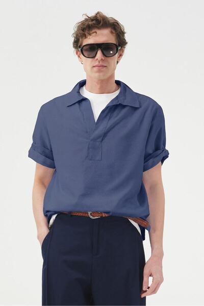 GIESTO Half-Placed Dark Blue Voile Shirt