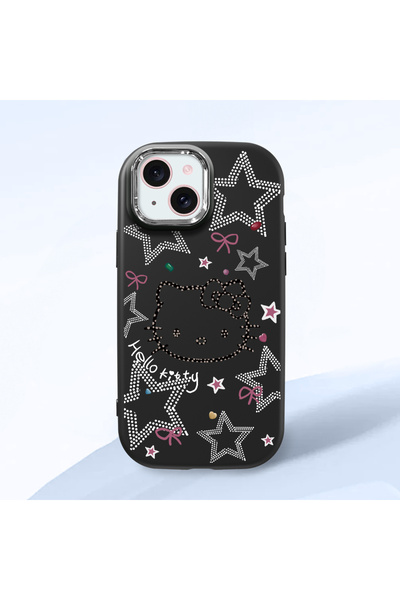 Hontinga iPhone 15 Uyumlu Hello Kitty Desenli Kamera Korumalı Siyah Yumuşak S...