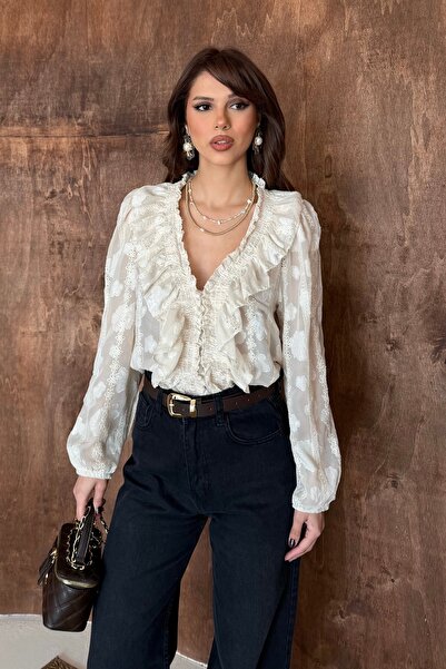 BEJNA بلوزة نسائية أنيقة مطرزة بياقة على شكل V