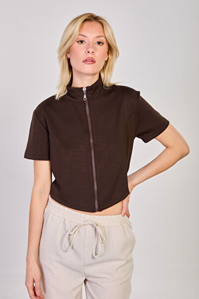 BARRELS AND OIL Women's short sleeve zippered blouse - coffee