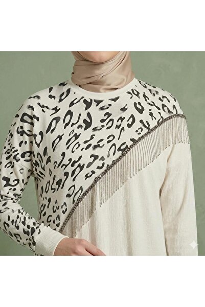 Melis KADIN BÜRÜMCÜK LEOPAR DESENLİ ZİNCİR DETAYLI BEYAZ TUNİK