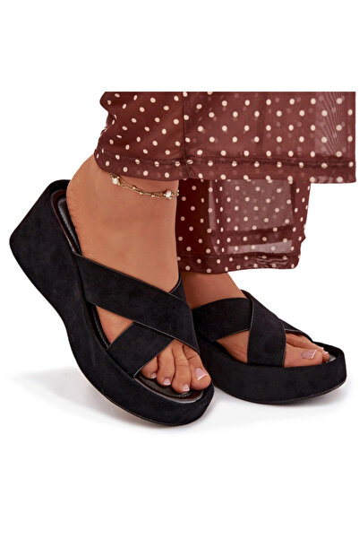 BOTO Șlapi cu platformă pentru femei din piele întoarsă , negri, Calorine 41