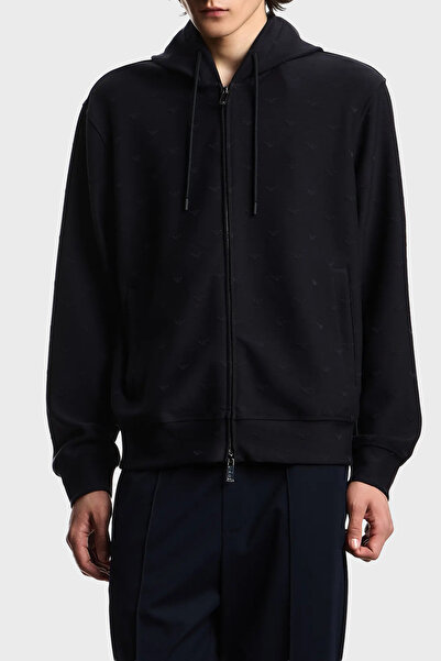 Emporio Armani جميع الشعارات Regular Fit بغطاء رأس سويت شيرت رجالي بسحّاب EM0...