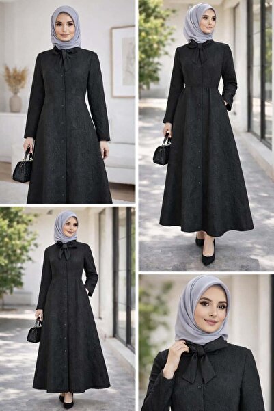 VESA Kadın Siyah Jakarlı Boydan Düğmeli Tesettür Elbise