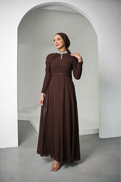 hakimoda Canfes chiffon evening dress - coffee