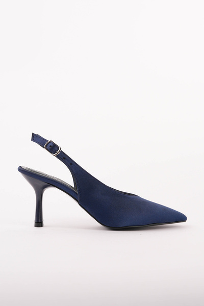 ESATSANİ Lacivert Saten Sivri Burun Arka Açık 9 cm Topuk Vısıon Stiletto Kadı...